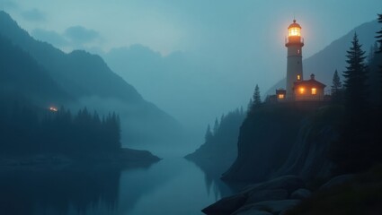 Serene Lighthouse Guiding Through Misty Mountain Valley Twilight