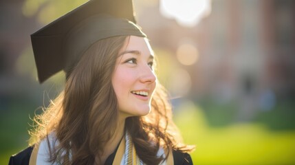 A joyful young woman in graduation regalia looks into the distance,
