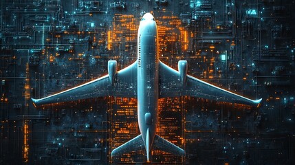 A representation of digital twin or aviation technology, showcasing a microchip illustration merged with an aircraft and enhanced by futuristic features