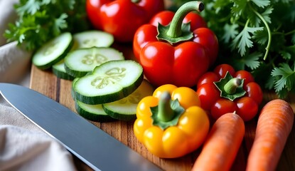 Clean eating food prep on wooden board, Vibrant vegetables with a knife.