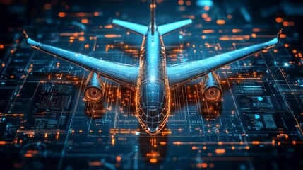 A representation of digital twin or aviation technology, showcasing a microchip illustration merged with an aircraft and enhanced by futuristic features