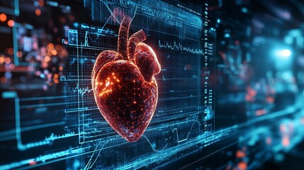 A cardiology technology concept showcasing a lifelike heart paired with a medical healthcare holographic display