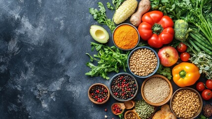 Abundance of Fresh Vegetables, Legumes, and Spices on Dark Background