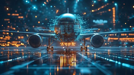 A representation of digital twin or aviation technology, showcasing a microchip illustration merged with an aircraft and enhanced by futuristic features