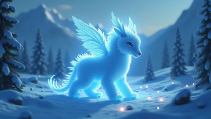 Enchanting Winter Fantasy Creature Illuminated by Magical Lights in a Snowy Forest Landscape