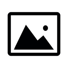 A black and white icon of a mountain range with a sun or moon inside a rounded rectangle border frame