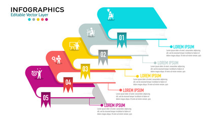 Editable vector layer with 5 steps infographic template. Stacking books with icons and text placeholders for business, education, or creative presentations.