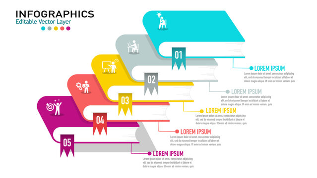 Editable vector layer with 5 steps infographic template. Stacking books with icons and text placeholders for business, education, or creative presentations.