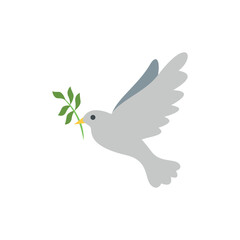 Illustration of a light gray dove in flight carrying a green leafy branch in its beak on a white background