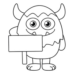 Cartoon monster holding a blank sign on a white background character cute