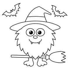 Cartoon monster wearing a witch hat and holding a broom with bats flying halloween