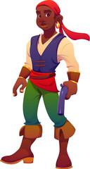 Cartoon pirate corsair character standing with a pistol in hand. Vector black African American sea buccaneer personage in green pants, blue vest, red sash, and red bandana and confident expression