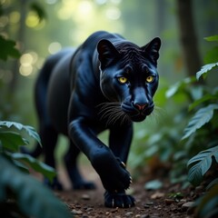 Majestic Black Panther Strolls Through Lush Forest Undergrowth