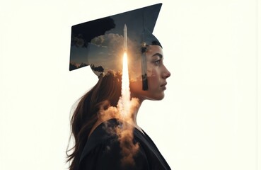 Double exposure combines rocket launch with graduate profile. Woman wears graduation cap, symbolizing academic achievement, ambition, and future exploration in science and engineering.