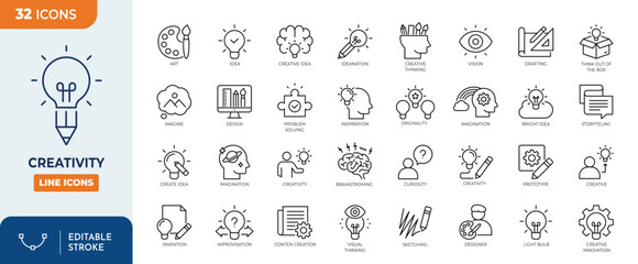 Fototapeta na wymiar Creativity line editable icon set. Containing Creative, idea, design, imagination, innovation, inspiration, originality, and more. Editable stroke. Vector illustration
