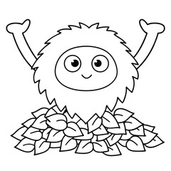 Fluffy cartoon monster with arms raised in a pile of leaves outline illustration autumn fall