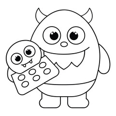 Friendly cartoon monster holding a small creature with candy on a white background cute halloween