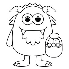Friendly cartoon monster with horns holding an Easter basket with eggs on a white background cute