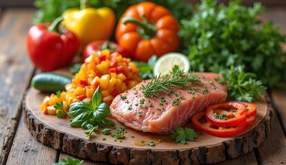 Clean eating food prep on wooden board, Salmon fillet with diced peppers and herbs.