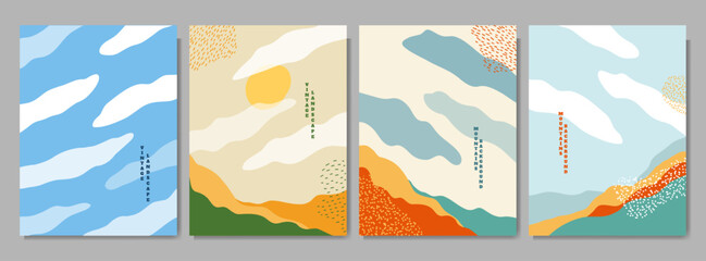 Naklejka na ściany i meble Vector illustration landscape. Cloudy sky, mountain peak, green hills. Hand drawn perspective style. Design for poster, book or magazine cover, brochure, layout, notebook. Cartoon childish drawing.