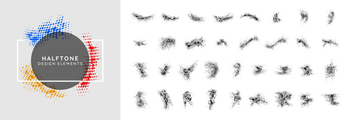 Vector illustration. Halftone dotted elements. Faded dots bundle isolated on white background. Collection of geometric shapes. Design elements for poster, layout, postcard, frame, flyer. Pop art style