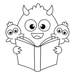 Happy Monster Reading A Book With Two Little Birds cute