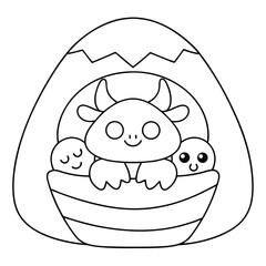 Outline drawing of a cute monster with horns peeking out of a cracked Easter egg with two smaller creatures