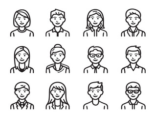 People character icon set in diverse clean vector line style