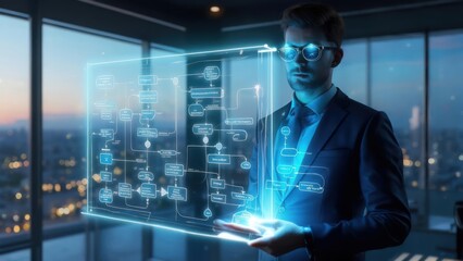Businessman interacting with a digital flowchart