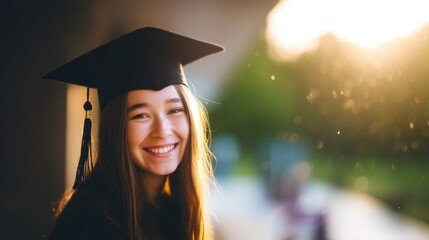 A woman wearing a black graduation cap smiles joyfully towards the camera with sunlight softly filtering through behind 