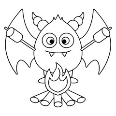 Outline of a bat monster roasting marshmallows over a campfire on a white background cartoon character
