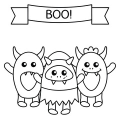 Three outline monsters with aBO banner on a white background cartoon character
