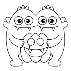 Two cartoon monsters hugging a smaller monster with big eyes and sharp teeth embrace friendship