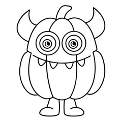 Outline of a pumpkin monster with horns and big eyes on a white background cartoon character