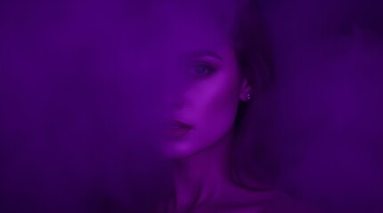 Fototapeta premium Deep ultraviolet hues and thick fog surround a beautiful woman in a fine art photography piece with soft contrast and low visibility, elegant yet full of character, in a visually striking moment.