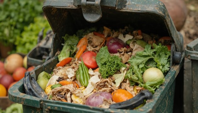 Compost bin filled with discarded food scraps including fresh produce like tomatoes carrots lettuce, onions. Emphasizes environmental impact of food waste, importance of sustainable recycling
