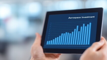 Private Equity Defense Investment Concept. A person holds a tablet displaying a rising graph labeled "Aerospace Investment" indicating growth and trends in the aerospace sector.
