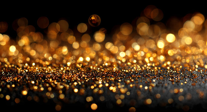 Golden confetti falling down creating sparkling bokeh glitter effect on black background for new years eve party celebration, luxury award ceremony abstract overlay