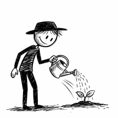 Cartoon Character Watering Plants with Watering Can