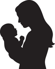 A silhouette of a mother holding a baby, simple black shape on white background, vector style