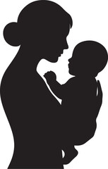 A silhouette of a mother holding a baby, simple black shape on white background, vector style