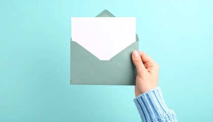 Fototapeta premium An Invitation: Hand holding an open envelope with a blank card inside. Against a backdrop of pastel tones, creating a soft, dreamy aesthetic, conveying a sense of anticipation.