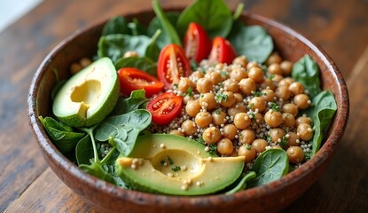 A vibrant and satisfying nutritious lunch with grains and greens featuring chickpeas, quinoa, avocado, and cherry tomatoes in a rustic wooden bowl, perfect for a healthy midday meal.
