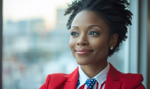Joyful black businesswoman, dressed in the American flag, looks out of her office window in celebration of the 4th of July Independence Day, Generative AI - Powered by Adobe