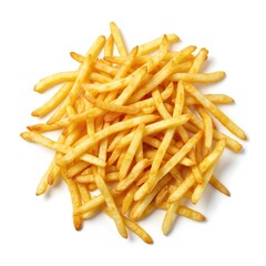 Fototapeta premium Pile of hot fresh french fries, golden yellow color, isolated on white background. Potatoes cut into strips, fried to perfection, forming a tasty snack or meal.