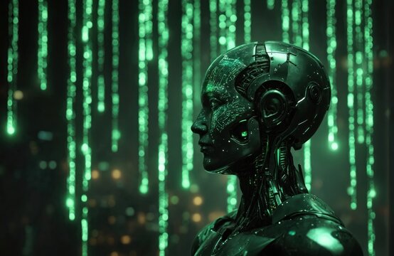 Future AI world concept with robotic head in profile against backdrop of green digital rain code. Symbolizes information security, deepfakes, cybercrime, and artificial intelligence advancements.