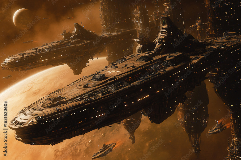 Aufkleber generative ai futuristic image of giant alien spaceship fleet navigating above glowing extraterrestr
