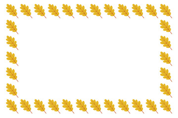 Rectangular frame made of yellow oak leaves on an isolated white background. Autumn-themed botanical border for seasonal invitations, greeting cards, and fall design projects. Copy space.