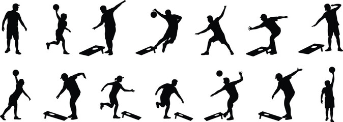 Cornhole game silhouettes, people playing bean bag toss, throwing bags, outdoor lawn game, casual competition, recreation activity