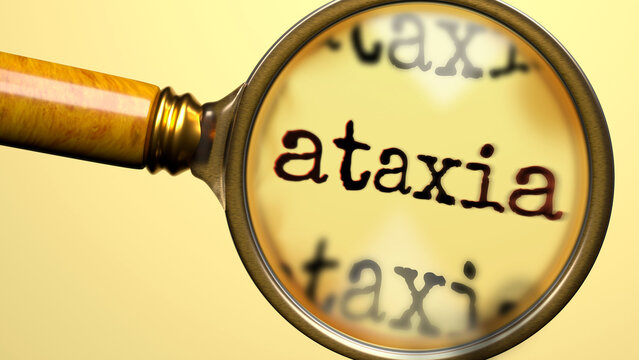 Ataxia being studied under magnifying glass. Focusing on a topic of ataxia. Taking a closer look at ataxia. Examination of it ,3d illustration